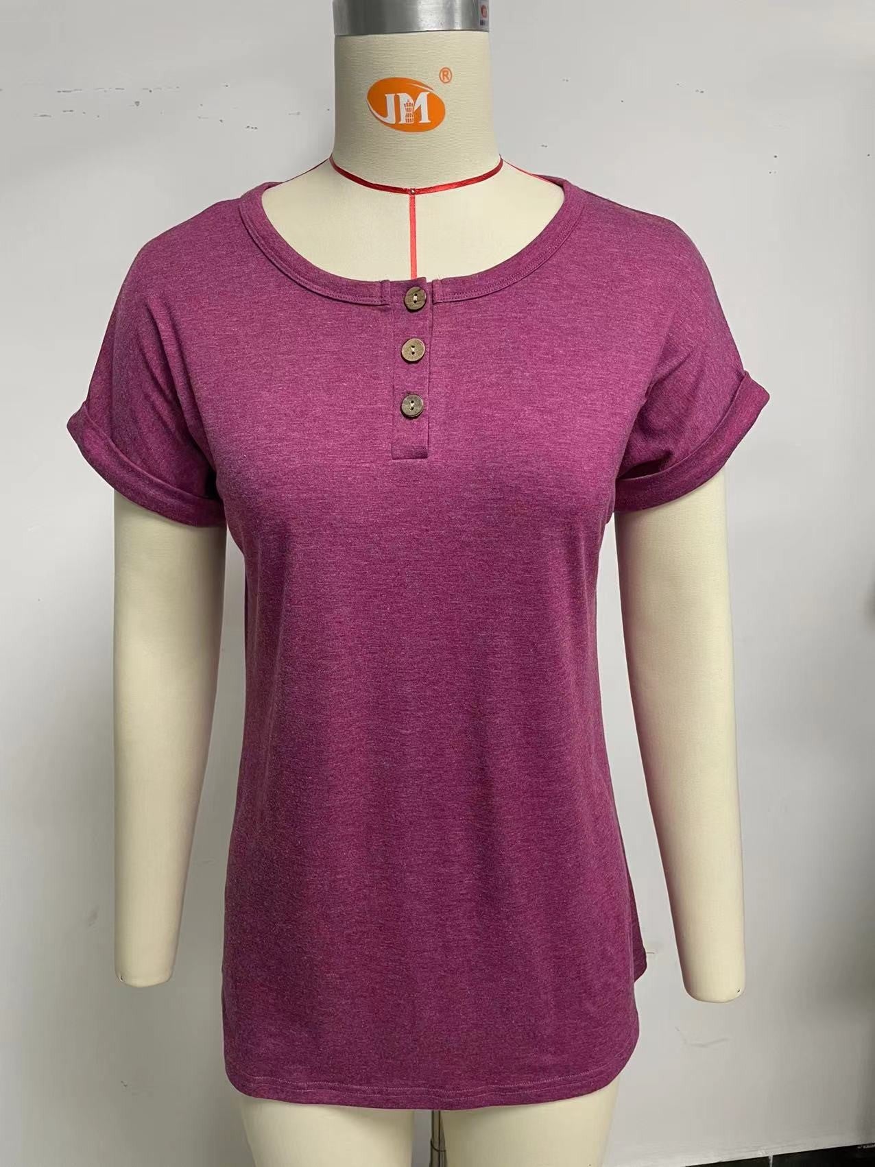 Women's Summer Solid Color Round Neck Button Loose T-shirt