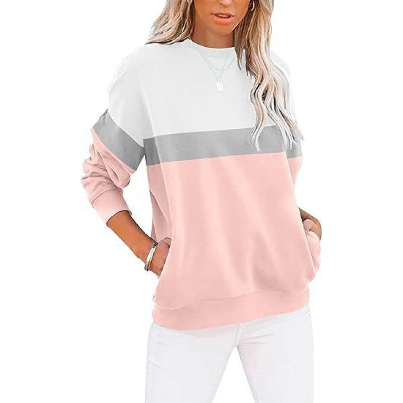 Women's Long Sleeve Color Matching Sports Sweater Round Neck Casual Pullover