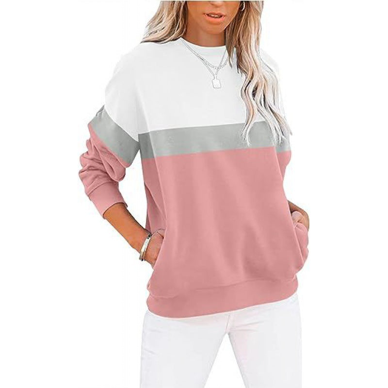 Women's Long Sleeve Color Matching Sports Sweater Round Neck Casual Pullover