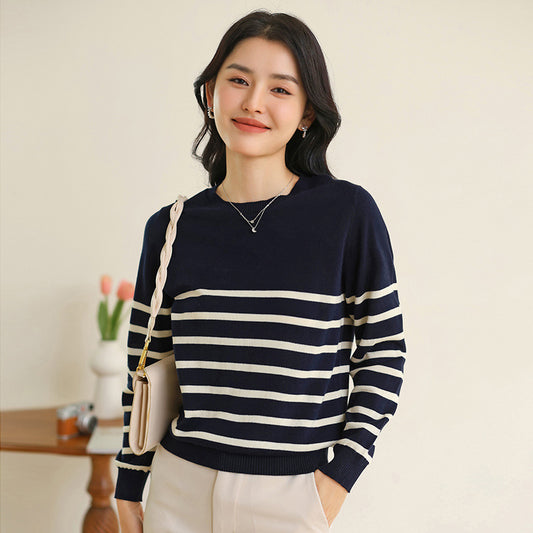 Women's Fashionable Round Neck Striped Cotton Sweater