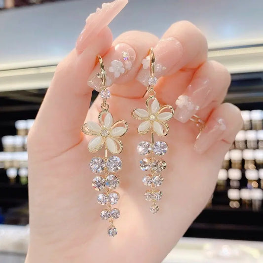 Opal Flower Tassel Earrings Set