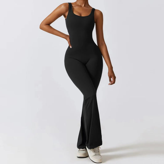 Women's Sports Style Hollow Back Bodysuit Yoga Jumpsuit with Chest Pad