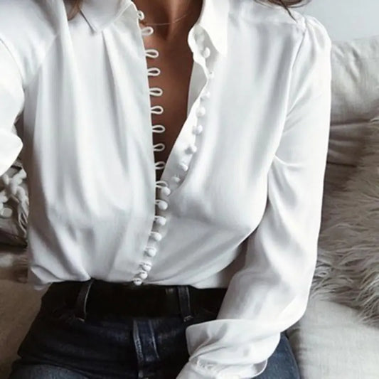 Fashion Casual Solid Color ladies office Tops Sexy Buttons Long sleeve Blouse 2020 new Spring Women Chiffon white Shirt
