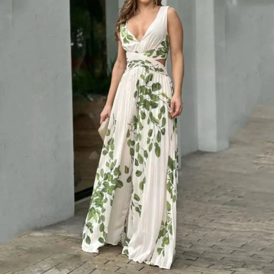 Women Summer Leaf Print Midi Dress