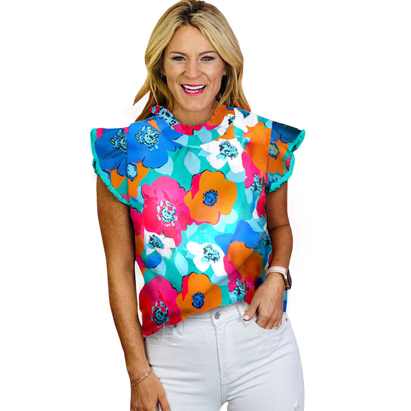 Women's Printed Turtleneck Short-sleeved Top