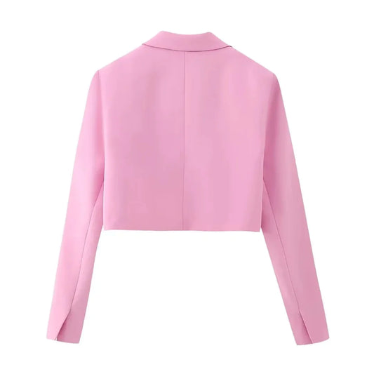 Fashion Pink Solid Single Button Cropped Blazer